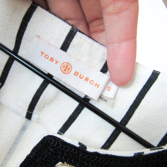 TORY BURCH ‘Filipa’ Black & White Striped Kaftan Linen Tunic Top/12 ~MSRP $348~ - Picture 4 of 17